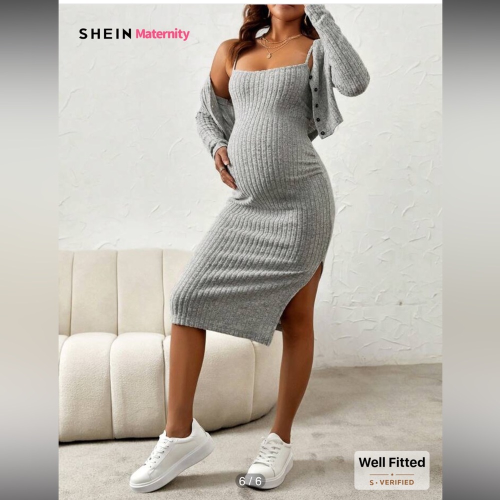 SHEIN Maternity Split Thigh Rib-Knit Cami Dress With Button Up Long Sleeve Cozy - Picture 5 of 14